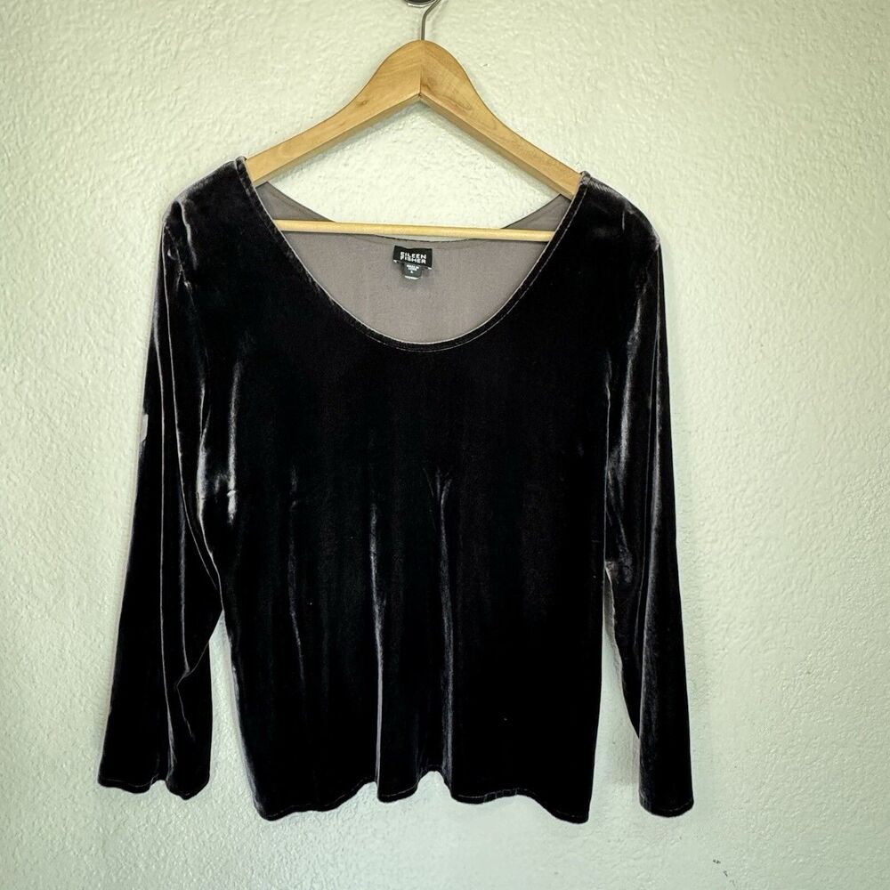 Eileen Fisher Top Women L Purple Velvet Silk Blend Blouse Fitted Evening Elegant